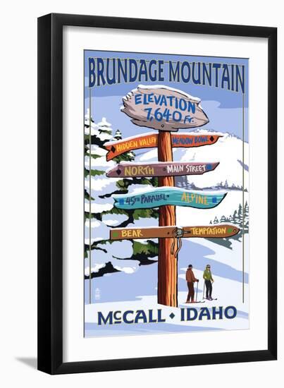 Brundage Mountain, McCall, Idaho - Ski Destination Signpost-Lantern Press-Framed Premium Giclee Print
