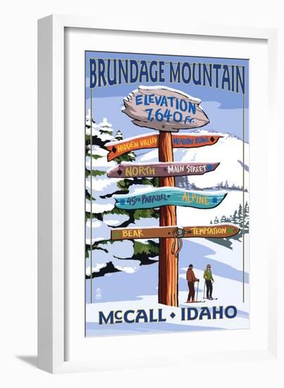 Brundage Mountain, McCall, Idaho - Ski Destination Signpost-Lantern Press-Framed Premium Giclee Print