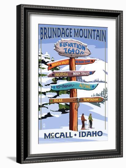 Brundage Mountain, McCall, Idaho - Ski Destination Signpost-Lantern Press-Framed Premium Giclee Print