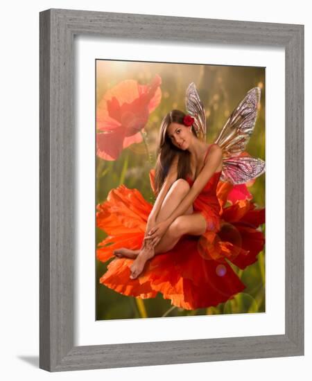Brunette Girl Elf with  is Sitting on a Flower Poppy-Lilun-Framed Photographic Print