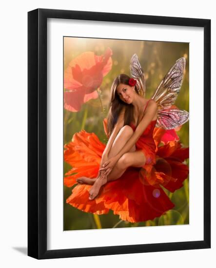 Brunette Girl Elf with  is Sitting on a Flower Poppy-Lilun-Framed Photographic Print