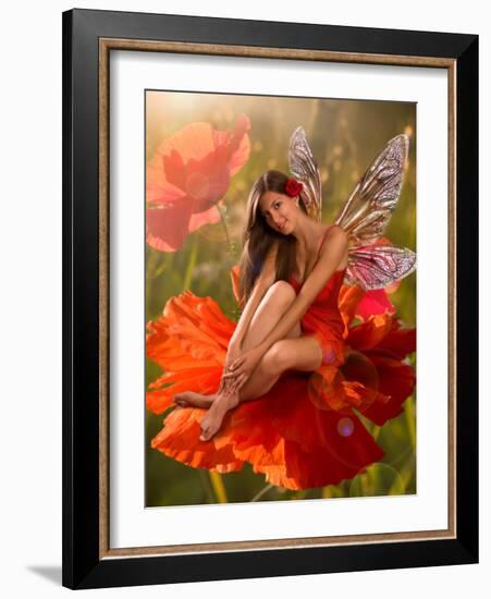 Brunette Girl Elf with  is Sitting on a Flower Poppy-Lilun-Framed Photographic Print