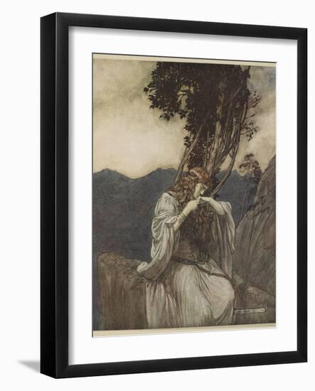 Brunnhilde kisses ring Siegfried left her, illustration from 'Siegfried and the Twilight of Gods'-Arthur Rackham-Framed Giclee Print