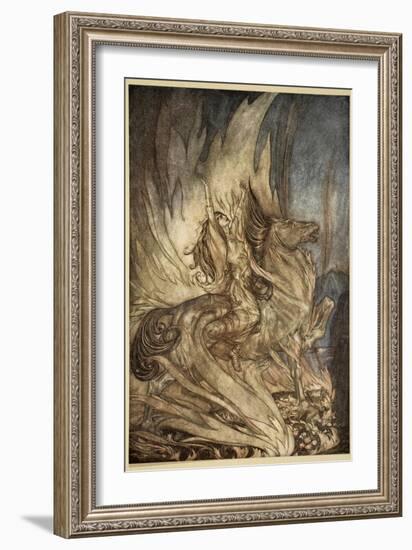 Brunnhilde on Grane leaps on funeral pyre, illustration, 'Siegfried and the Twilight of Gods'-Arthur Rackham-Framed Giclee Print