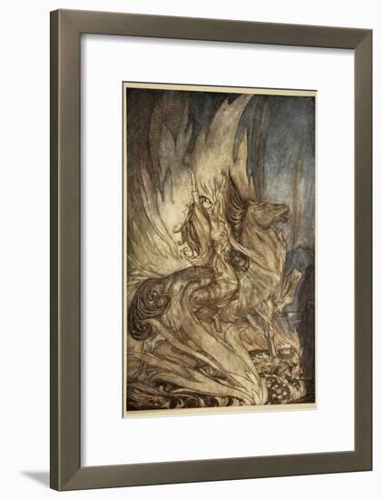 Brunnhilde on Grane leaps on funeral pyre, illustration, 'Siegfried and the Twilight of Gods'-Arthur Rackham-Framed Giclee Print