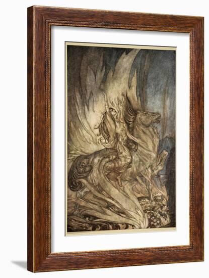 Brunnhilde on Grane leaps on funeral pyre, illustration, 'Siegfried and the Twilight of Gods'-Arthur Rackham-Framed Giclee Print