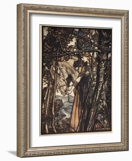 Brunnhilde silently leads horse down path to cave, illustration, 'The Rhinegold and the Valkyrie'-Arthur Rackham-Framed Giclee Print