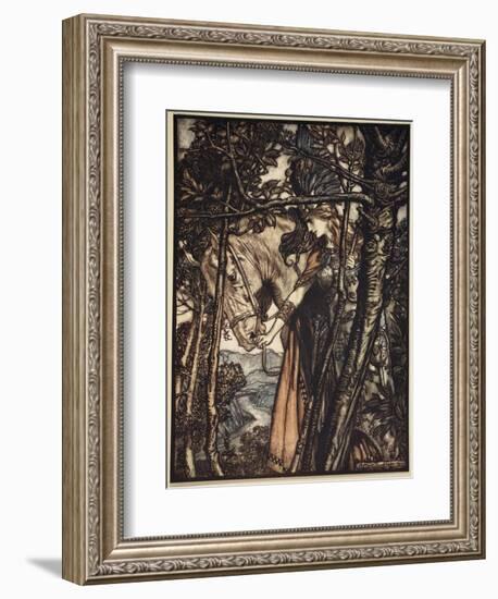 Brunnhilde silently leads horse down path to cave, illustration, 'The Rhinegold and the Valkyrie'-Arthur Rackham-Framed Giclee Print