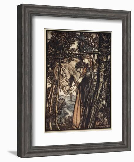 Brunnhilde silently leads horse down path to cave, illustration, 'The Rhinegold and the Valkyrie'-Arthur Rackham-Framed Giclee Print