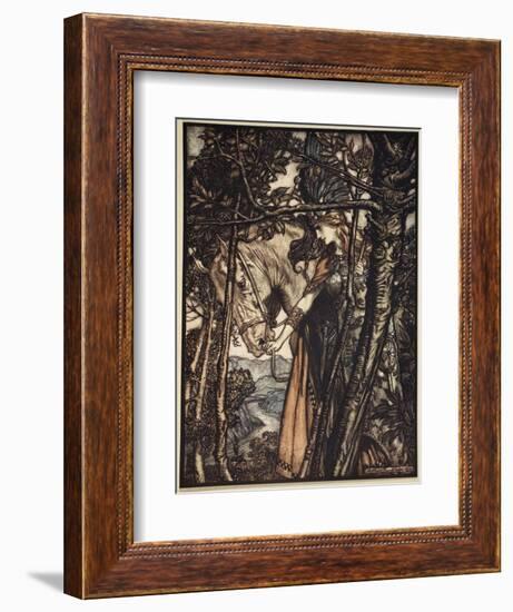 Brunnhilde silently leads horse down path to cave, illustration, 'The Rhinegold and the Valkyrie'-Arthur Rackham-Framed Giclee Print