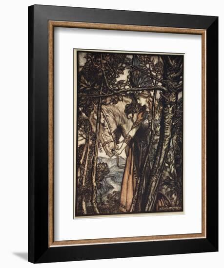 Brunnhilde silently leads horse down path to cave, illustration, 'The Rhinegold and the Valkyrie'-Arthur Rackham-Framed Giclee Print