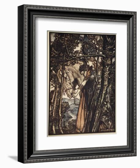 Brunnhilde silently leads horse down path to cave, illustration, 'The Rhinegold and the Valkyrie'-Arthur Rackham-Framed Giclee Print