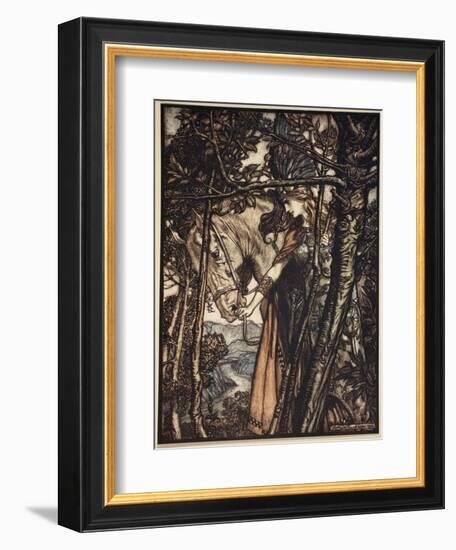 Brunnhilde silently leads horse down path to cave, illustration, 'The Rhinegold and the Valkyrie'-Arthur Rackham-Framed Giclee Print