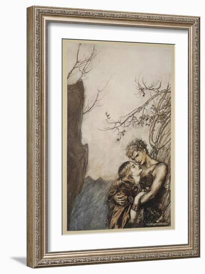 Brunnhilde throws herself into Siegfried's arms, illustration 'Siegfried and the Twilight of Gods'-Arthur Rackham-Framed Giclee Print