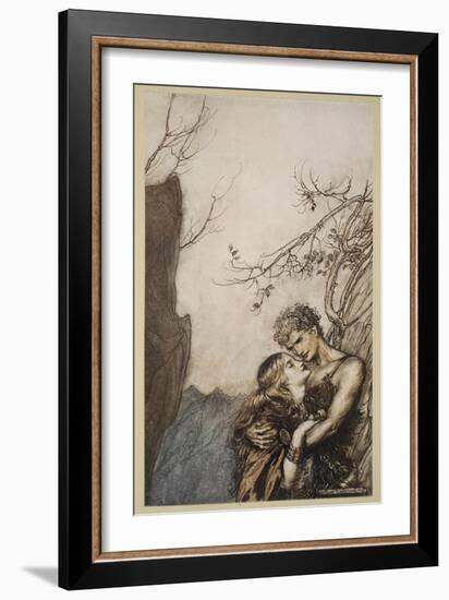 Brunnhilde throws herself into Siegfried's arms, illustration 'Siegfried and the Twilight of Gods'-Arthur Rackham-Framed Giclee Print