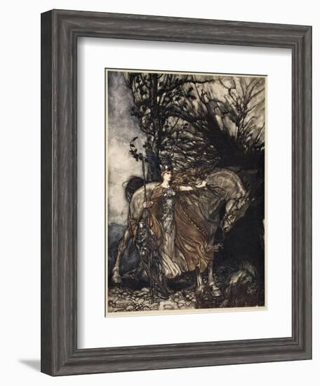 Brunnhilde with horse at mouth of cave, illustration from 'The Rhinegold and the Valkyrie', 1910-Arthur Rackham-Framed Giclee Print