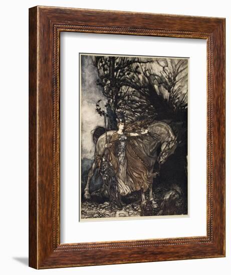 Brunnhilde with horse at mouth of cave, illustration from 'The Rhinegold and the Valkyrie', 1910-Arthur Rackham-Framed Giclee Print