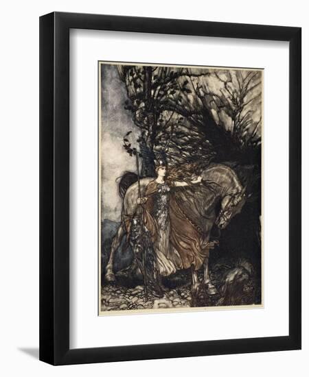 Brunnhilde with horse at mouth of cave, illustration from 'The Rhinegold and the Valkyrie', 1910-Arthur Rackham-Framed Giclee Print