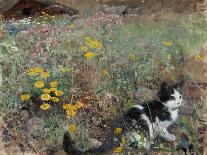 A Cat and a Chaffinch, 1885, by Bruno Liljefors, 1860–1939, Swedish painting,-Bruno Liljefors-Art Print