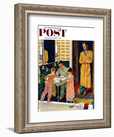 "Brushing Their Teeth" Saturday Evening Post Cover, January 29, 1955-Amos Sewell-Framed Giclee Print