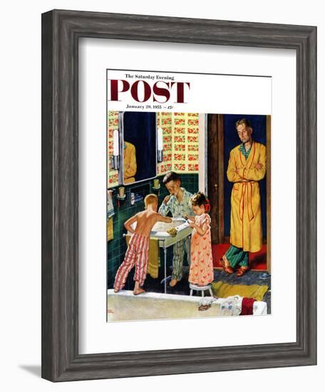 "Brushing Their Teeth" Saturday Evening Post Cover, January 29, 1955-Amos Sewell-Framed Giclee Print