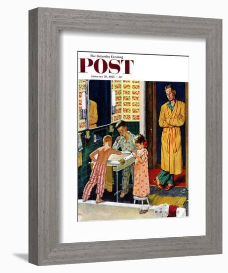 "Brushing Their Teeth" Saturday Evening Post Cover, January 29, 1955-Amos Sewell-Framed Giclee Print