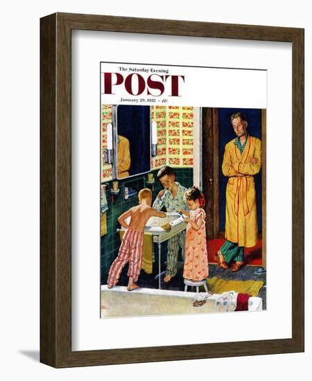 "Brushing Their Teeth" Saturday Evening Post Cover, January 29, 1955-Amos Sewell-Framed Giclee Print