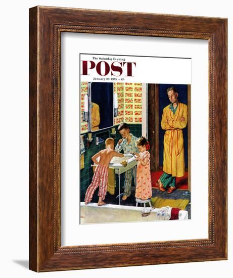 "Brushing Their Teeth" Saturday Evening Post Cover, January 29, 1955-Amos Sewell-Framed Giclee Print