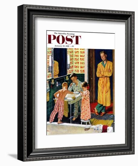 "Brushing Their Teeth" Saturday Evening Post Cover, January 29, 1955-Amos Sewell-Framed Giclee Print