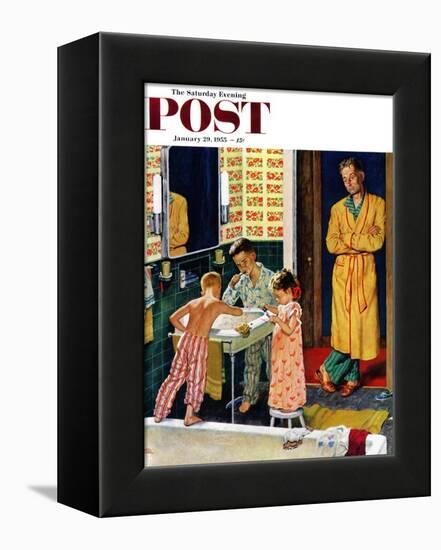 "Brushing Their Teeth" Saturday Evening Post Cover, January 29, 1955-Amos Sewell-Framed Premier Image Canvas