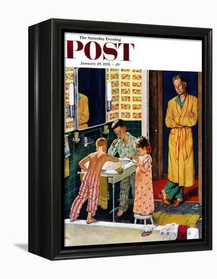 "Brushing Their Teeth" Saturday Evening Post Cover, January 29, 1955-Amos Sewell-Framed Premier Image Canvas