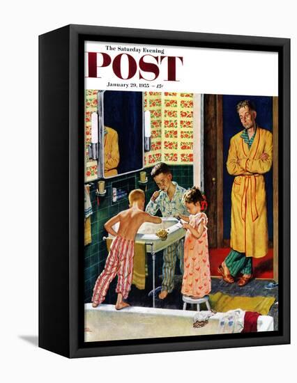 "Brushing Their Teeth" Saturday Evening Post Cover, January 29, 1955-Amos Sewell-Framed Premier Image Canvas