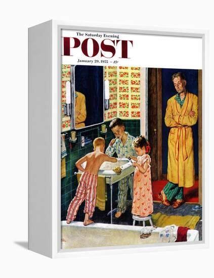 "Brushing Their Teeth" Saturday Evening Post Cover, January 29, 1955-Amos Sewell-Framed Premier Image Canvas