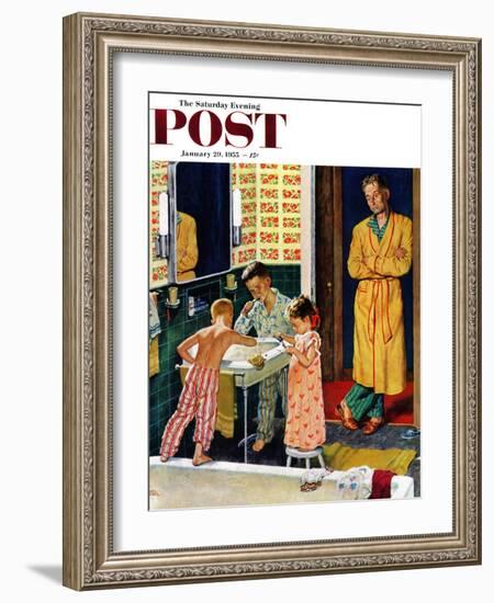 "Brushing Their Teeth" Saturday Evening Post Cover, January 29, 1955-Amos Sewell-Framed Giclee Print