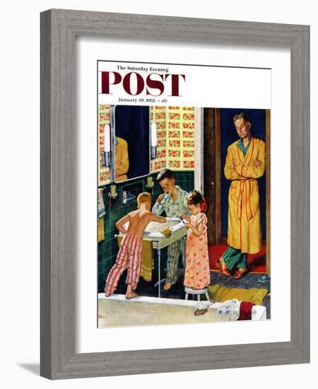 "Brushing Their Teeth" Saturday Evening Post Cover, January 29, 1955-Amos Sewell-Framed Giclee Print