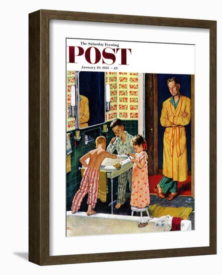 "Brushing Their Teeth" Saturday Evening Post Cover, January 29, 1955-Amos Sewell-Framed Giclee Print