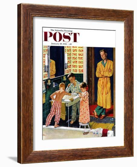 "Brushing Their Teeth" Saturday Evening Post Cover, January 29, 1955-Amos Sewell-Framed Giclee Print