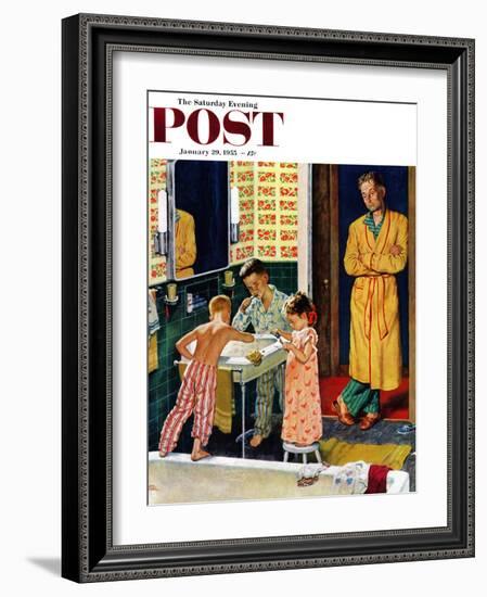 "Brushing Their Teeth" Saturday Evening Post Cover, January 29, 1955-Amos Sewell-Framed Giclee Print