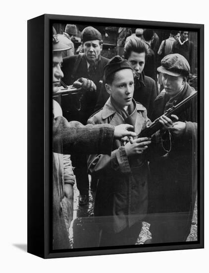 Budapest Boys Carrying Rifles to Fight with Hungarian Freedom Fighters Against Soviet-Backed Regime-Michael Rougier-Framed Premier Image Canvas