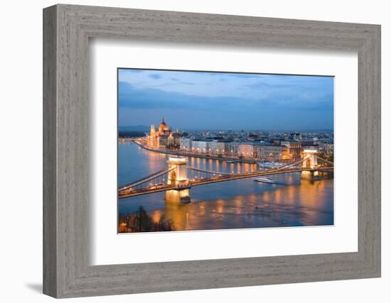 Budapest, Night View of Chain Bridge on the Danube River and the City of Pest-ollirg-Framed Photographic Print