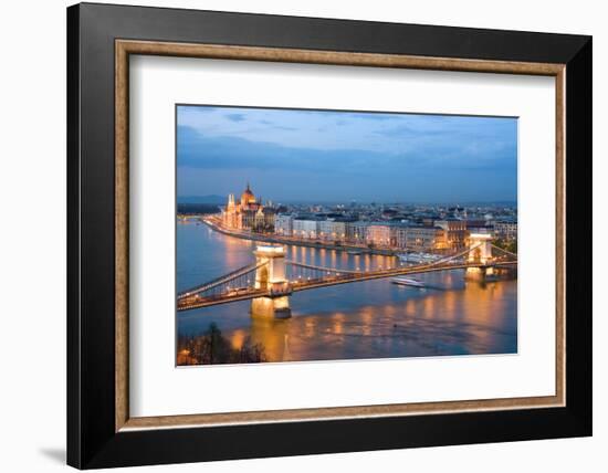 Budapest, Night View of Chain Bridge on the Danube River and the City of Pest-ollirg-Framed Photographic Print