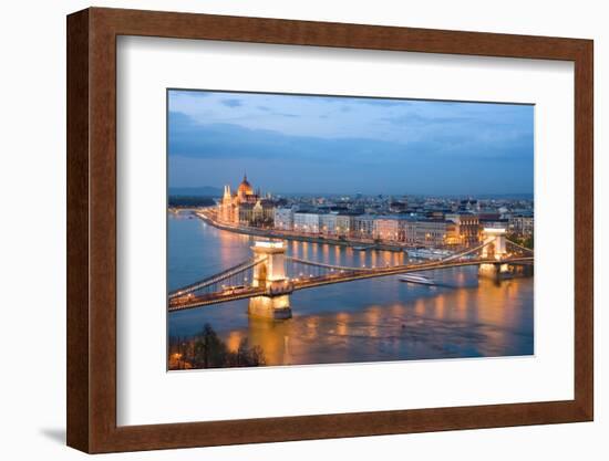 Budapest, Night View of Chain Bridge on the Danube River and the City of Pest-ollirg-Framed Photographic Print