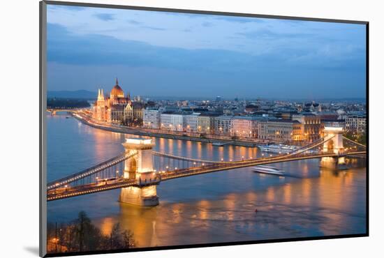 Budapest, Night View of Chain Bridge on the Danube River and the City of Pest-ollirg-Mounted Photographic Print