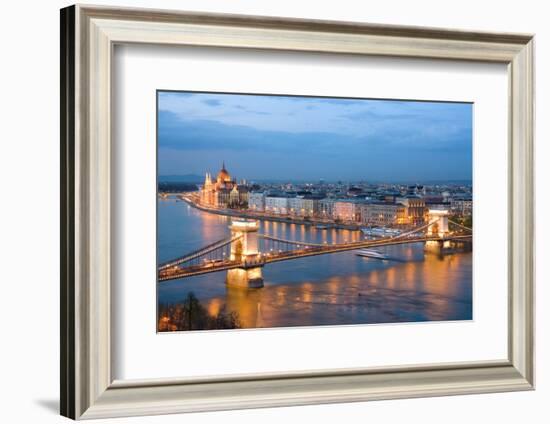Budapest, Night View of Chain Bridge on the Danube River and the City of Pest-ollirg-Framed Photographic Print