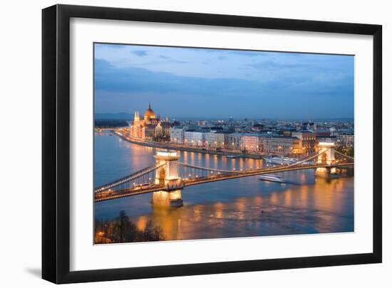 Budapest, Night View of Chain Bridge on the Danube River and the City of Pest-ollirg-Framed Photographic Print