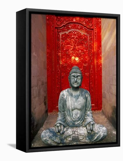 Buddha at Ornate Red Door, Ubud, Bali, Indonesia-Tom Haseltine-Framed Premier Image Canvas