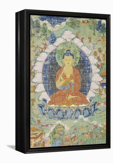 Buddha en vajrapariankasana et vitarka-mudra et scènes illustrant des jâtaka-null-Framed Premier Image Canvas