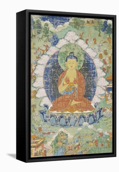 Buddha en vajrapariankasana et vitarka-mudra et scènes illustrant des jâtaka-null-Framed Premier Image Canvas