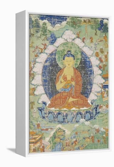 Buddha en vajrapariankasana et vitarka-mudra et scènes illustrant des jâtaka-null-Framed Premier Image Canvas