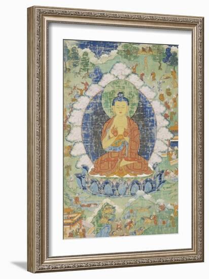 Buddha en vajrapariankasana et vitarka-mudra et scènes illustrant des jâtaka-null-Framed Giclee Print